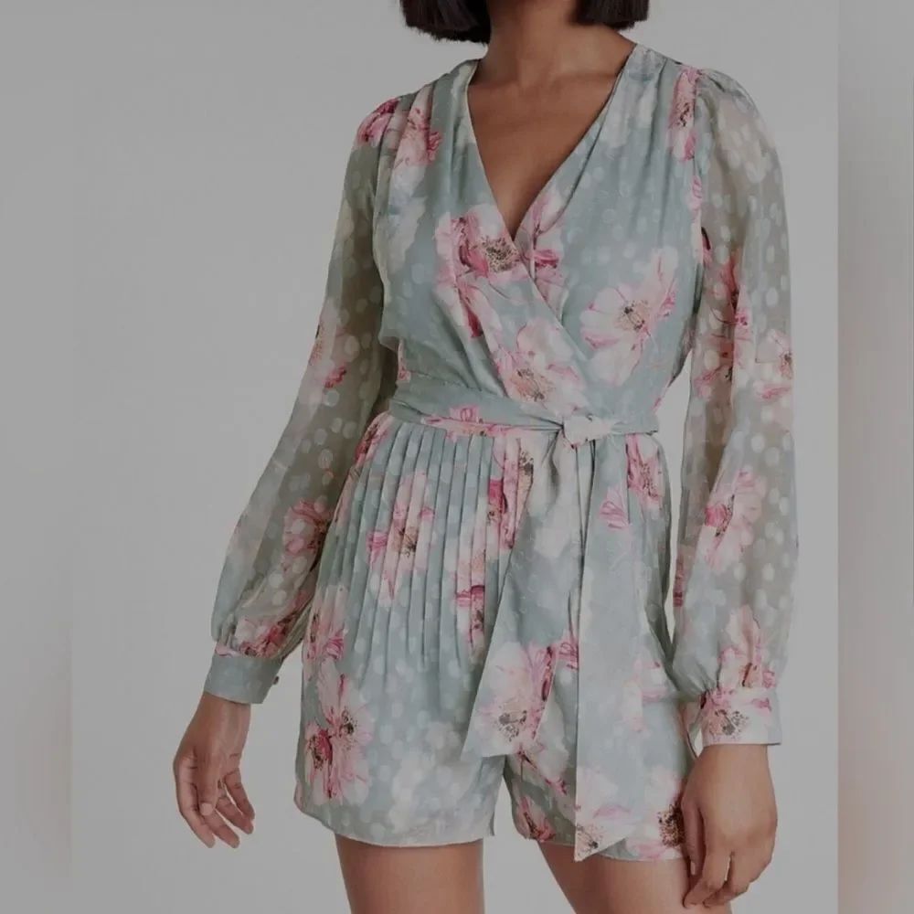 Express Floral Long Sleeve Pleated Wrap Romper Pink Gray Large
